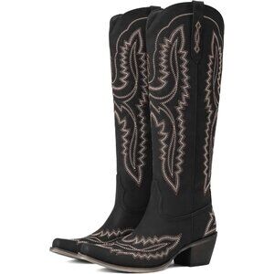 Women's Black Knee High Western Chunky Heel Slip On Zipper Square Toe Boots